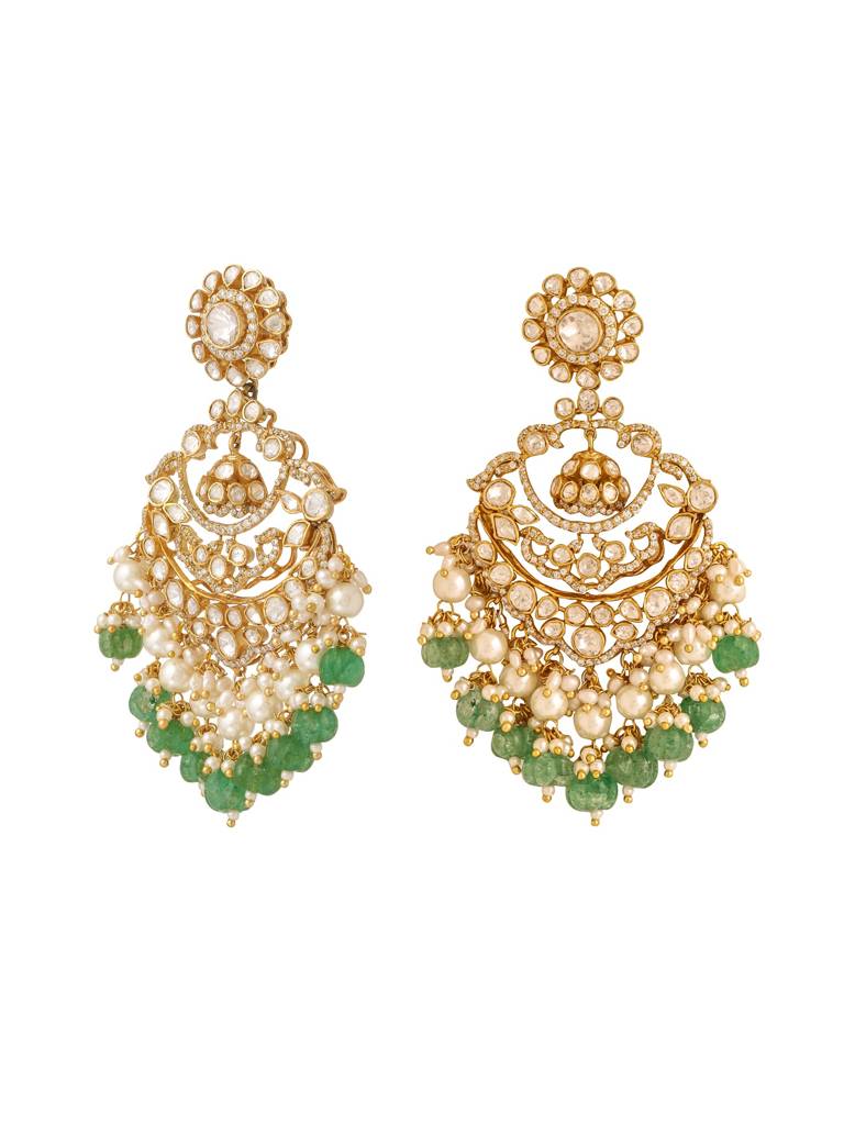 Kicky And Perky 925 Sterling Silver Gold Plated Moissanite Polki, Moissanite With Pearls And Green Melons Chan : SILCBE004