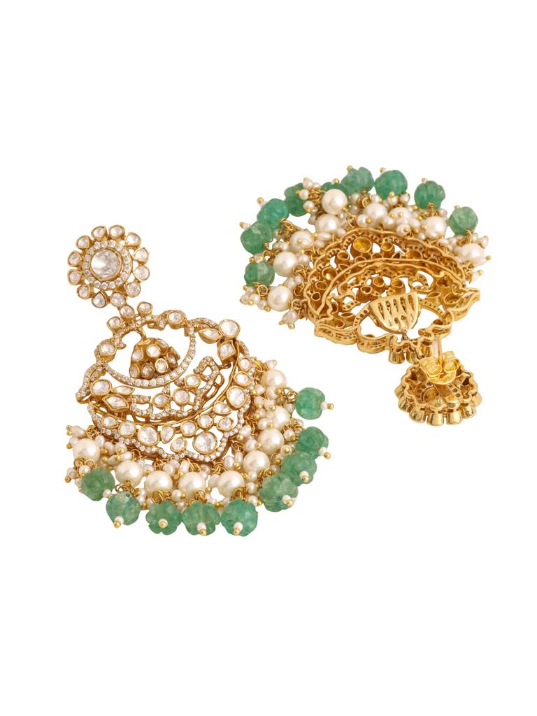 Kicky And Perky 925 Sterling Silver Gold Plated Moissanite Polki, Moissanite With Pearls And Green Melons Chan : SILCBE004