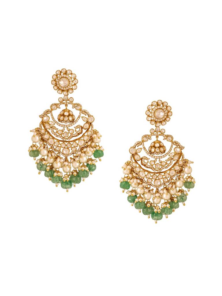 Kicky And Perky 925 Sterling Silver Gold Plated Moissanite Polki, Moissanite With Pearls And Green Melons Chan : SILCBE004