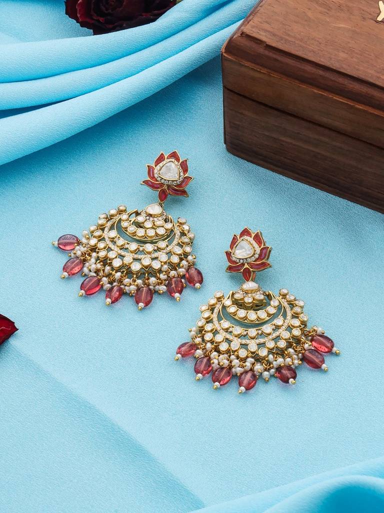 Kicky And Perky 925 Sterling Silver Gold Plated Moissanite Polki, Moissanite, Red Talphe With Pearls And Red B : SILCBE005