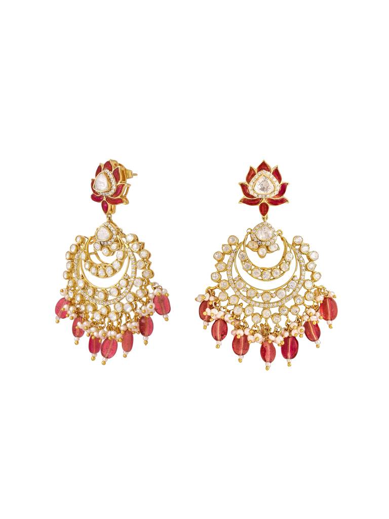 Kicky And Perky 925 Sterling Silver Gold Plated Moissanite Polki, Moissanite, Red Talphe With Pearls And Red B : SILCBE005