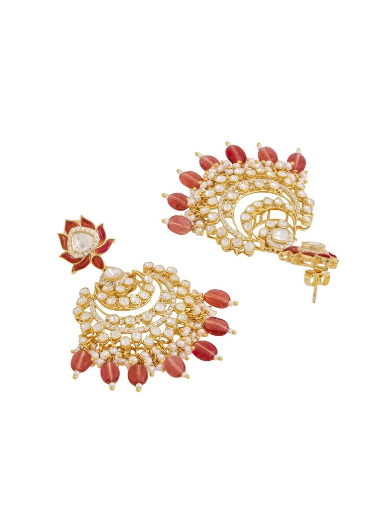 Kicky And Perky 925 Sterling Silver Gold Plated Moissanite Polki, Moissanite, Red Talphe With Pearls And Red B : SILCBE005