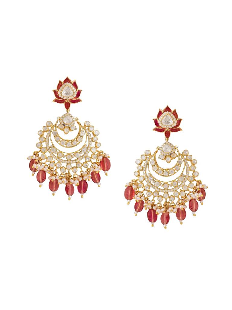 Kicky And Perky 925 Sterling Silver Gold Plated Moissanite Polki, Moissanite, Red Talphe With Pearls And Red B : SILCBE005