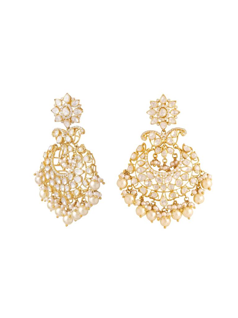 Kicky And Perky 925 Sterling Silver Gold Plated Moissanite Polki, Moissanite With Pearls Chandbali Earring For : SILCBE006