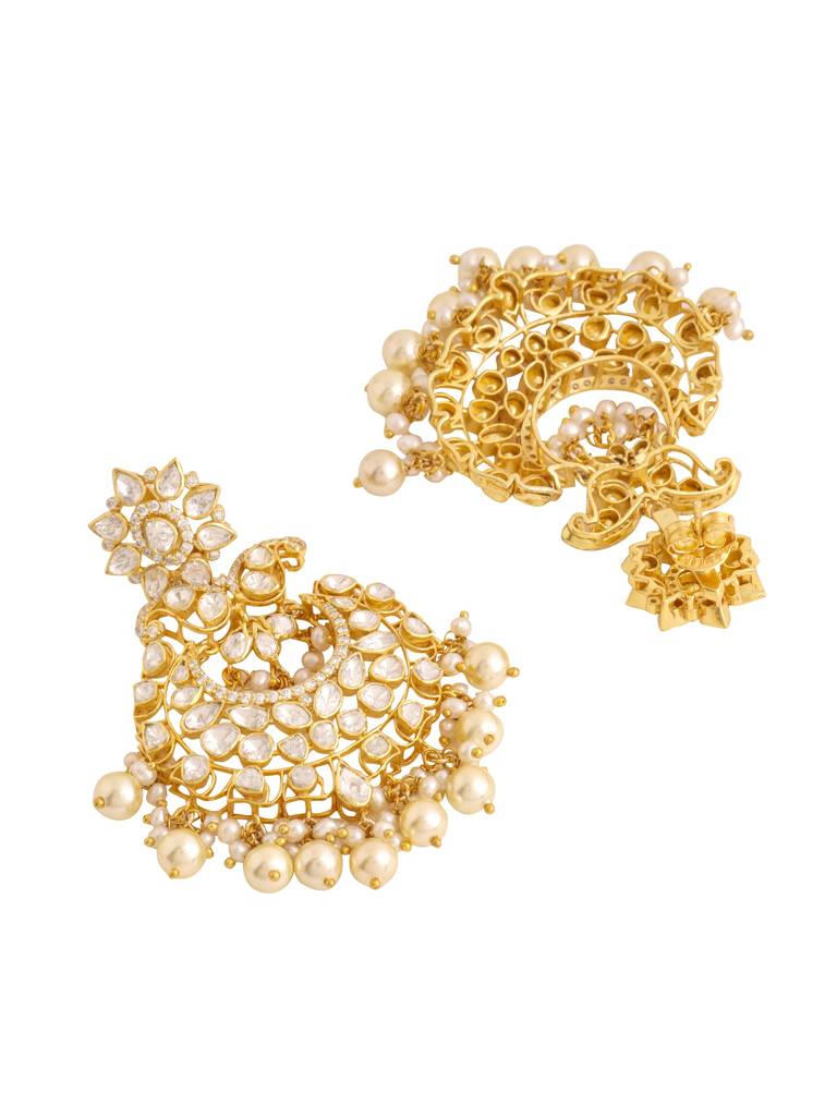Kicky And Perky 925 Sterling Silver Gold Plated Moissanite Polki, Moissanite With Pearls Chandbali Earring For : SILCBE006
