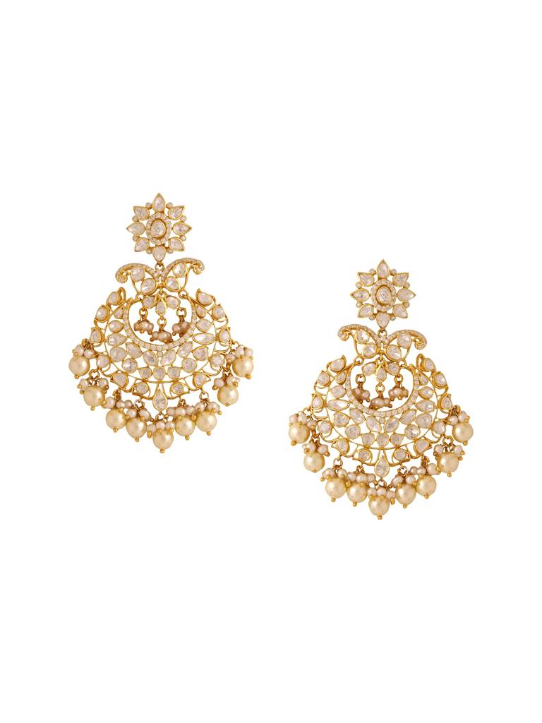 Kicky And Perky 925 Sterling Silver Gold Plated Moissanite Polki, Moissanite With Pearls Chandbali Earring For : SILCBE006