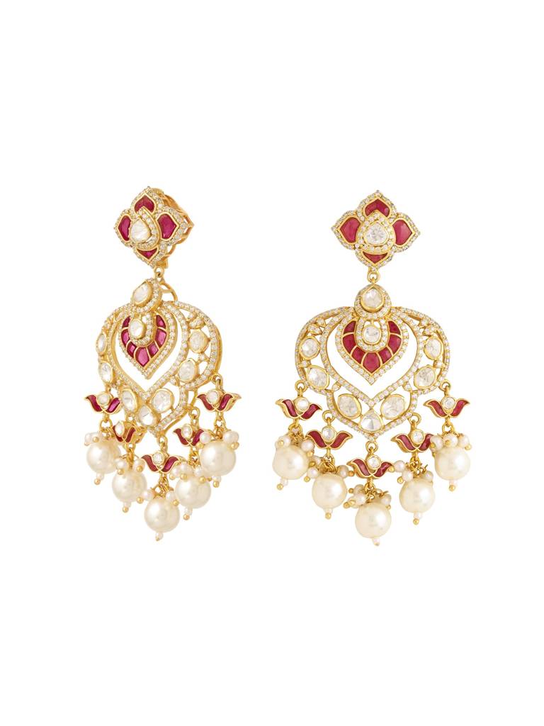 Kicky And Perky 925 Sterling Silver Gold Plated Moissanite Polki, Moissanite, Red Talphe With Pearls And Red B : SILCBE007