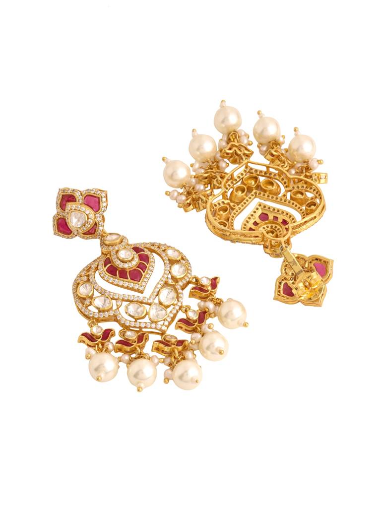 Kicky And Perky 925 Sterling Silver Gold Plated Moissanite Polki, Moissanite, Red Talphe With Pearls And Red B : SILCBE007