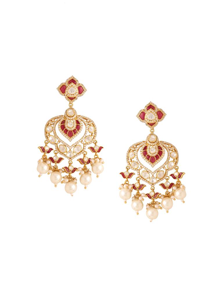 Kicky And Perky 925 Sterling Silver Gold Plated Moissanite Polki, Moissanite, Red Talphe With Pearls And Red B : SILCBE007