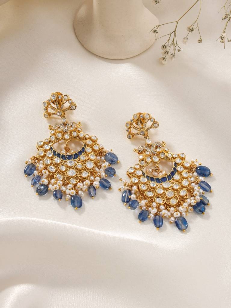 Kicky And Perky 925 Sterling Silver Gold Plated Blue Talphe, Moissanite, Moissanite Polki With Pearl And Kynit : SILCBE012