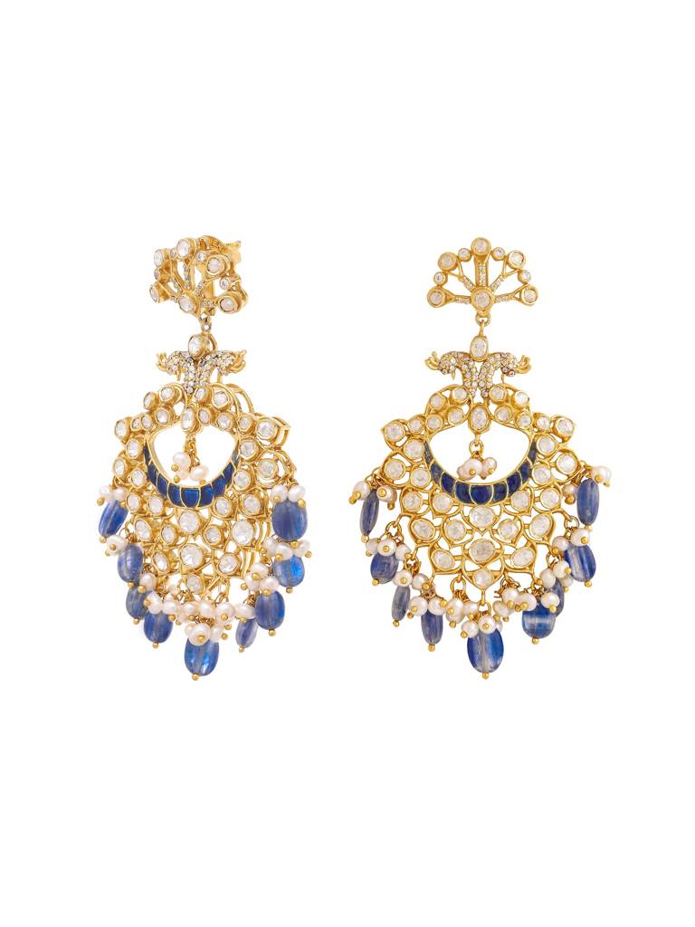 Kicky And Perky 925 Sterling Silver Gold Plated Blue Talphe, Moissanite, Moissanite Polki With Pearl And Kynit : SILCBE012