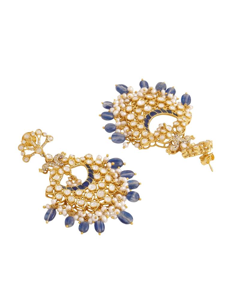 Kicky And Perky 925 Sterling Silver Gold Plated Blue Talphe, Moissanite, Moissanite Polki With Pearl And Kynit : SILCBE012