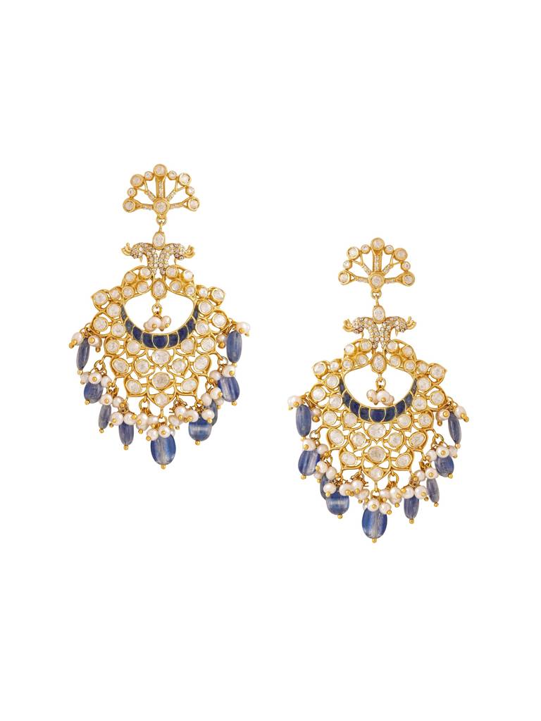 Kicky And Perky 925 Sterling Silver Gold Plated Blue Talphe, Moissanite, Moissanite Polki With Pearl And Kynit : SILCBE012