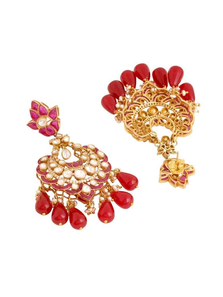 Kicky And Perky 925 Sterling Silver Gold Plated Red Talphe, Moissanite Polki, Moissanite With Pearls And Red O : SILCBE013