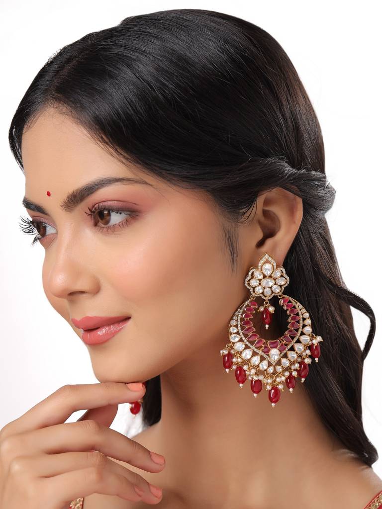 Kicky And Perky 925 Sterling Silver Gold Plated Red Talphe, Moissanite Polki, Moissanite With Pearls And Red O : SILCBE014