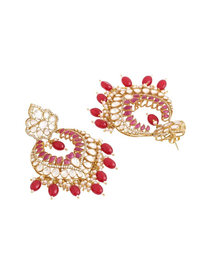 Kicky And Perky 925 Sterling Silver Gold Plated Red Talphe, Moissanite Polki, Moissanite With Pearls And Red O : SILCBE014