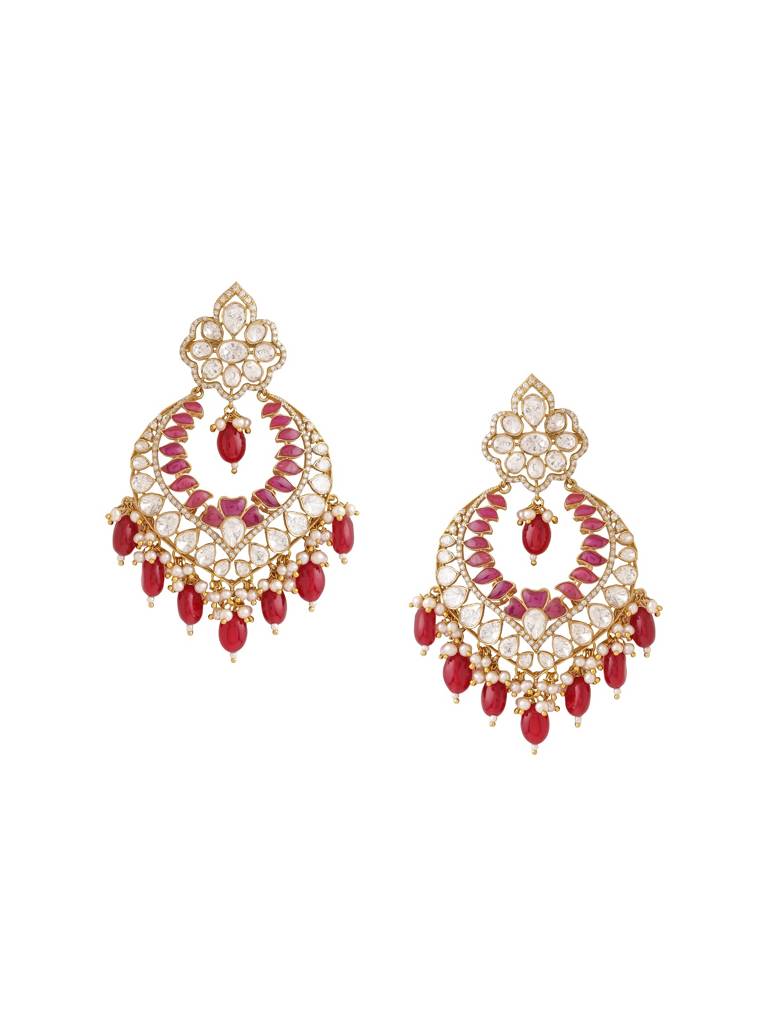 Kicky And Perky 925 Sterling Silver Gold Plated Red Talphe, Moissanite Polki, Moissanite With Pearls And Red O : SILCBE014
