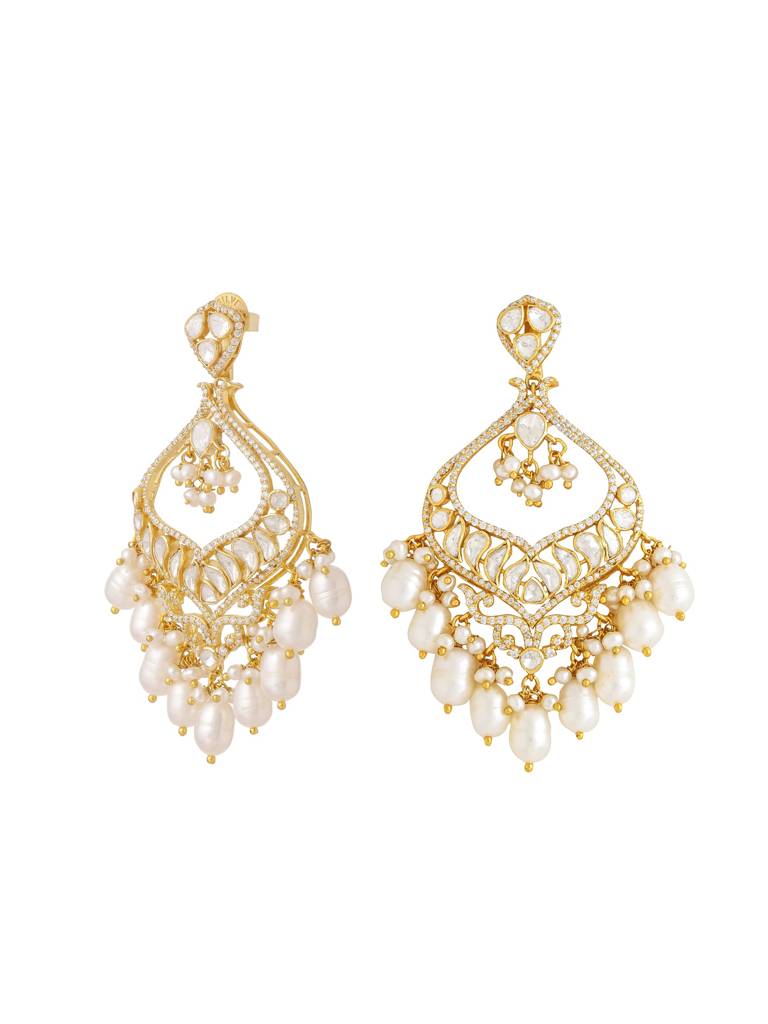 Kicky And Perky 925 Sterling Silver Gold Plated Moissanite Polki, Moissanite With Pearls Starry Night Chandbal : SILCBE016