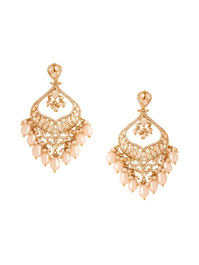 Kicky And Perky 925 Sterling Silver Gold Plated Moissanite Polki, Moissanite With Pearls Starry Night Chandbal : SILCBE016