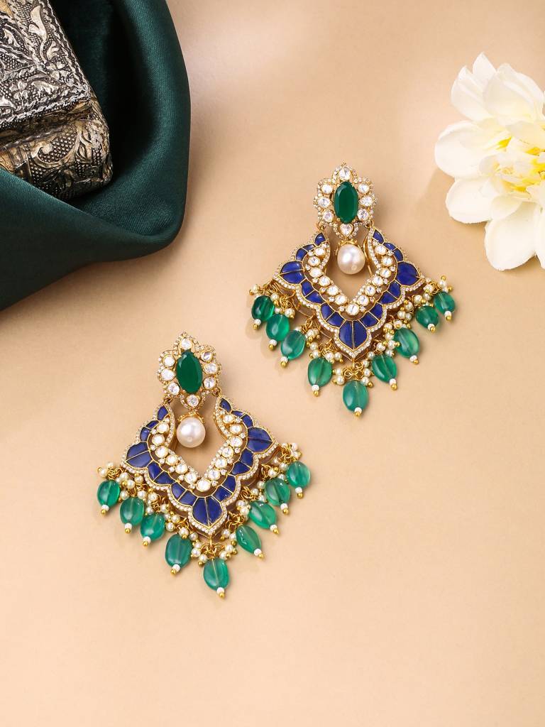 Kicky And Perky 925 Sterling Silver Gold Plated Green Onyx, Blue Talphe, Moissanite Polki, Moissanite With Str : SILCBE017