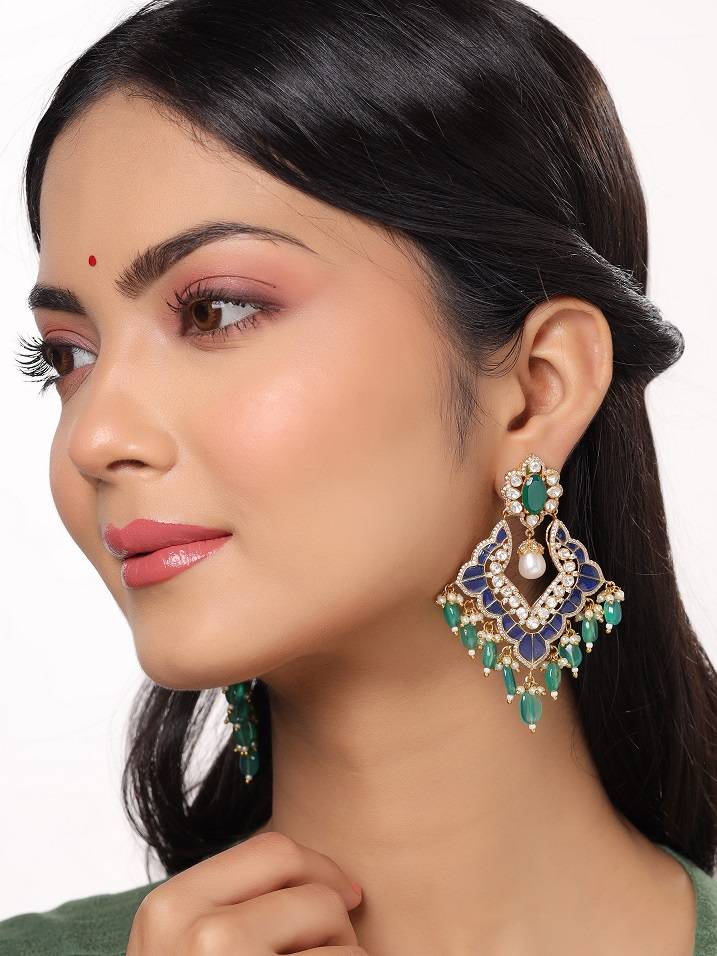 Kicky And Perky 925 Sterling Silver Gold Plated Green Onyx, Blue Talphe, Moissanite Polki, Moissanite With Str : SILCBE017
