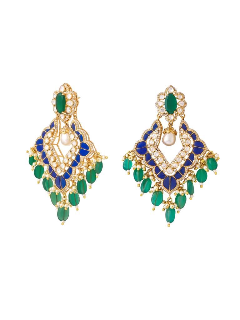 Kicky And Perky 925 Sterling Silver Gold Plated Green Onyx, Blue Talphe, Moissanite Polki, Moissanite With Str : SILCBE017