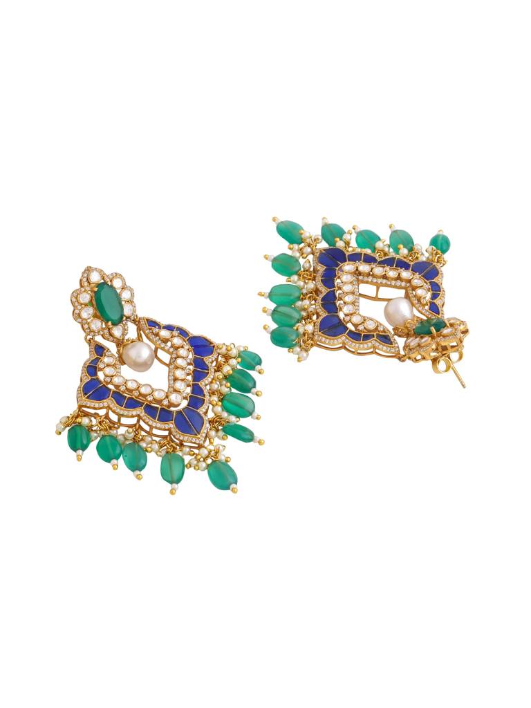 Kicky And Perky 925 Sterling Silver Gold Plated Green Onyx, Blue Talphe, Moissanite Polki, Moissanite With Str : SILCBE017
