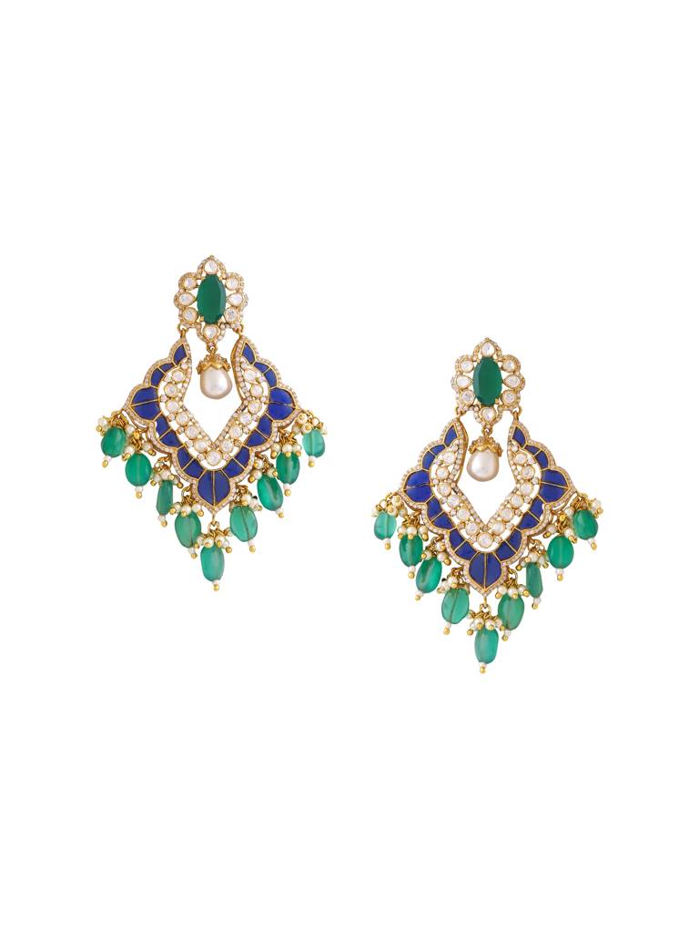 Kicky And Perky 925 Sterling Silver Gold Plated Green Onyx, Blue Talphe, Moissanite Polki, Moissanite With Str : SILCBE017