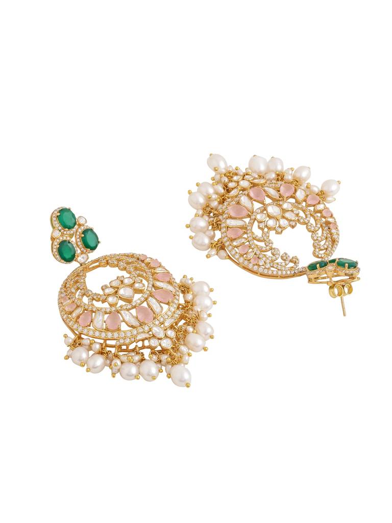 Kicky And Perky 925 Sterling Silver Gold Plated Green Onyx, Pink Quartz, Moissanite Polki, Moissanite With Pea : SILCBE018