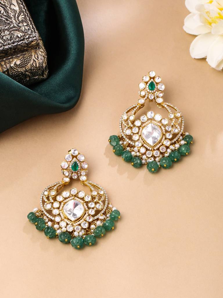 Kicky And Perky 925 Sterling Silver Gold Plated Green Onyx, Moissanite Polki, Moissanite With Pearls And Straw : SILCBE019