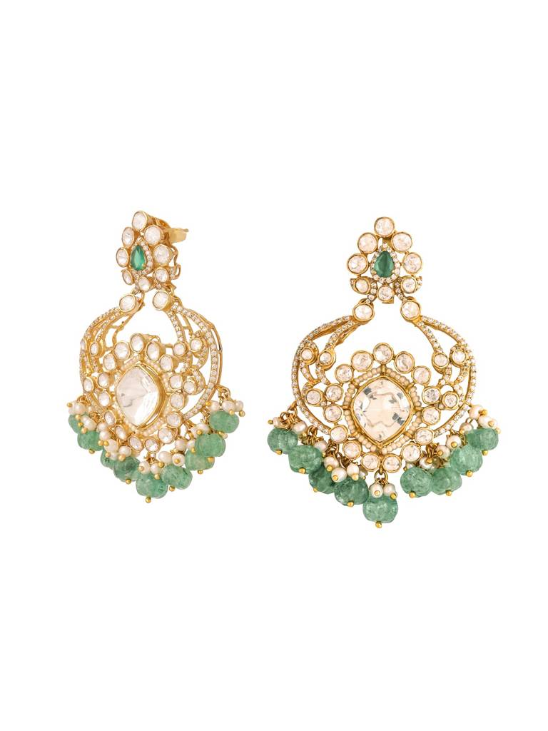 Kicky And Perky 925 Sterling Silver Gold Plated Green Onyx, Moissanite Polki, Moissanite With Pearls And Straw : SILCBE019