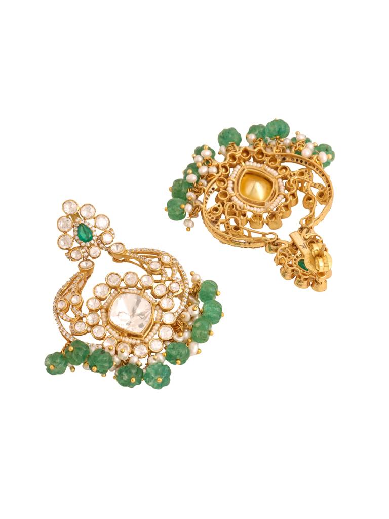Kicky And Perky 925 Sterling Silver Gold Plated Green Onyx, Moissanite Polki, Moissanite With Pearls And Straw : SILCBE019
