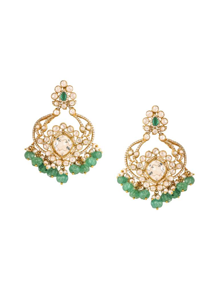 Kicky And Perky 925 Sterling Silver Gold Plated Green Onyx, Moissanite Polki, Moissanite With Pearls And Straw : SILCBE019