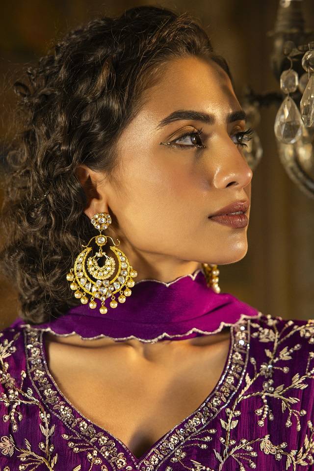 Kicky And Perky 925 Sterling Silver Gold Plated Moissanite Polki, Moissanite With Pearls Chandbali Earrings Fo : SILCBE020