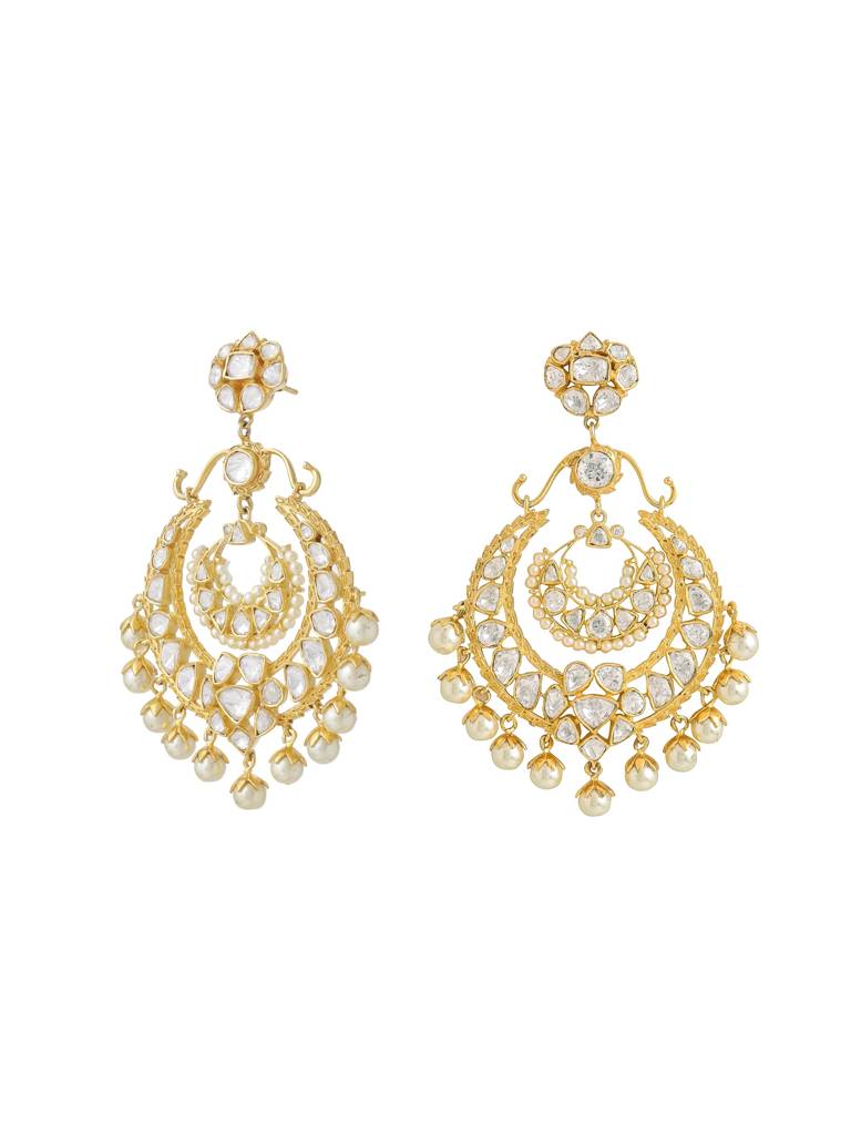 Kicky And Perky 925 Sterling Silver Gold Plated Moissanite Polki, Moissanite With Pearls Chandbali Earrings Fo : SILCBE020