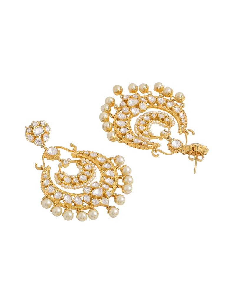 Kicky And Perky 925 Sterling Silver Gold Plated Moissanite Polki, Moissanite With Pearls Chandbali Earrings Fo : SILCBE020
