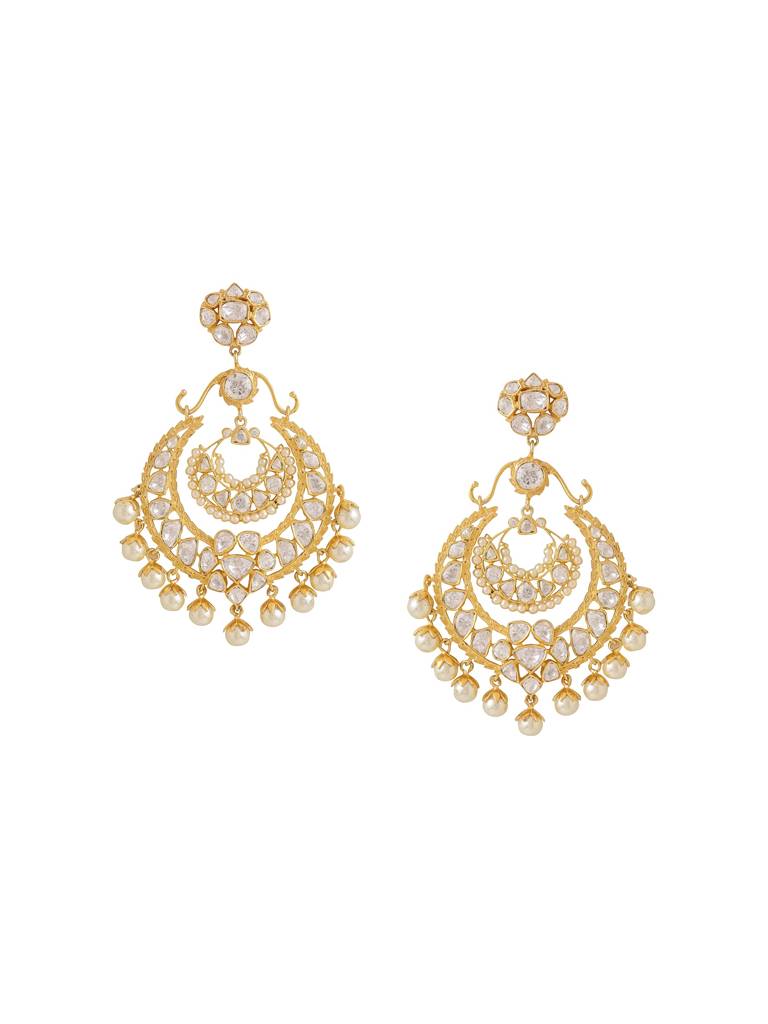 Kicky And Perky 925 Sterling Silver Gold Plated Moissanite Polki, Moissanite With Pearls Chandbali Earrings Fo : SILCBE020