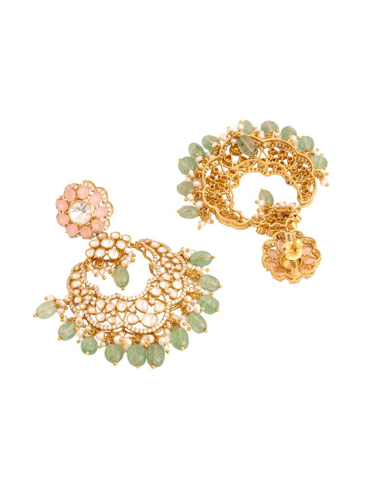 Kicky And Perky 925 Sterling Silver Gold Plated Pink Quartz, Moissanite Polki, Moissanite With Pearl And Straw : SILCBE023