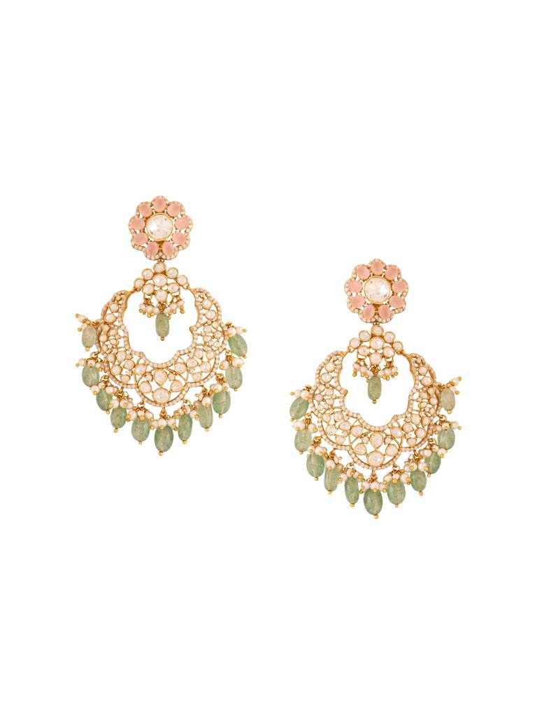 Kicky And Perky 925 Sterling Silver Gold Plated Pink Quartz, Moissanite Polki, Moissanite With Pearl And Straw : SILCBE023