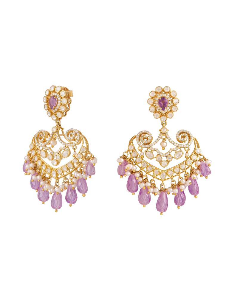 Kicky And Perky 925 Sterling Silver Gold Plated Amethyst, Moissanite Polki, Moissanite With Pearl And Amethyst : SILCBE026