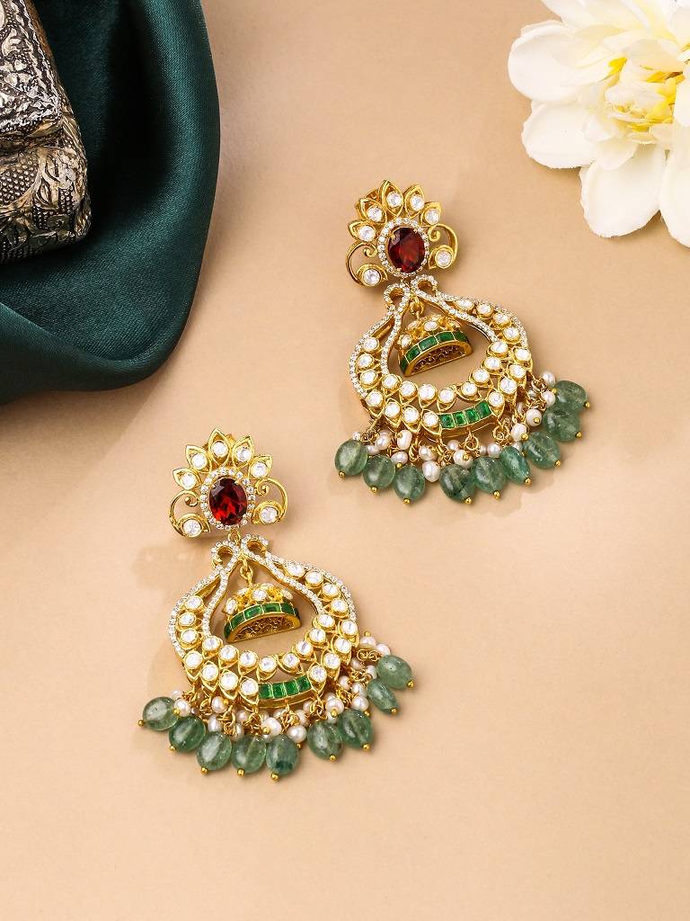 Kicky And Perky 925 Sterling Silver Gold Plated Garnet, Green Talphe, Moissanite Polki, Moissanite With Pearl  : SILCBE028