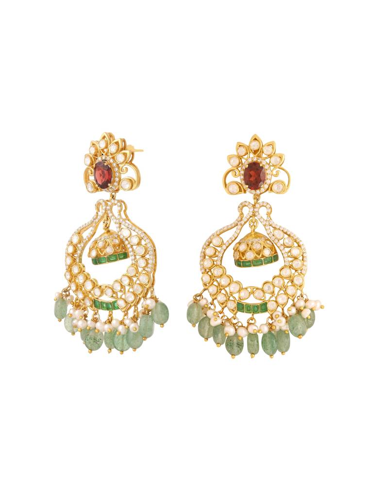 Kicky And Perky 925 Sterling Silver Gold Plated Garnet, Green Talphe, Moissanite Polki, Moissanite With Pearl  : SILCBE028