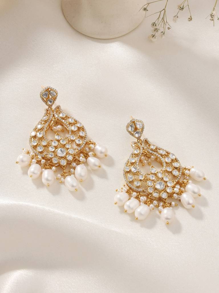 Kicky With Perky 925 Sterling Silver Gold Plated Moissanite Polki, Moissanite With Pearls Chandbali Earring Fo : SILCBE029
