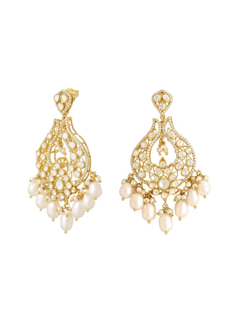 Kicky With Perky 925 Sterling Silver Gold Plated Moissanite Polki, Moissanite With Pearls Chandbali Earring Fo : SILCBE029
