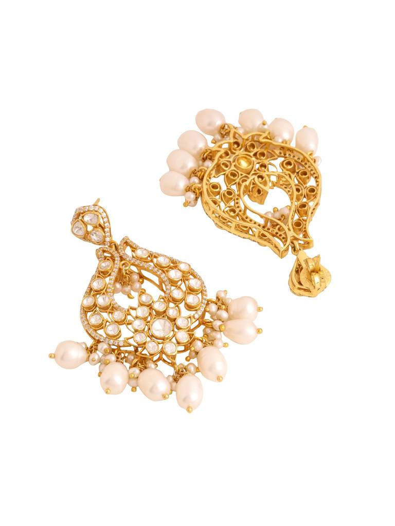 Kicky With Perky 925 Sterling Silver Gold Plated Moissanite Polki, Moissanite With Pearls Chandbali Earring Fo : SILCBE029