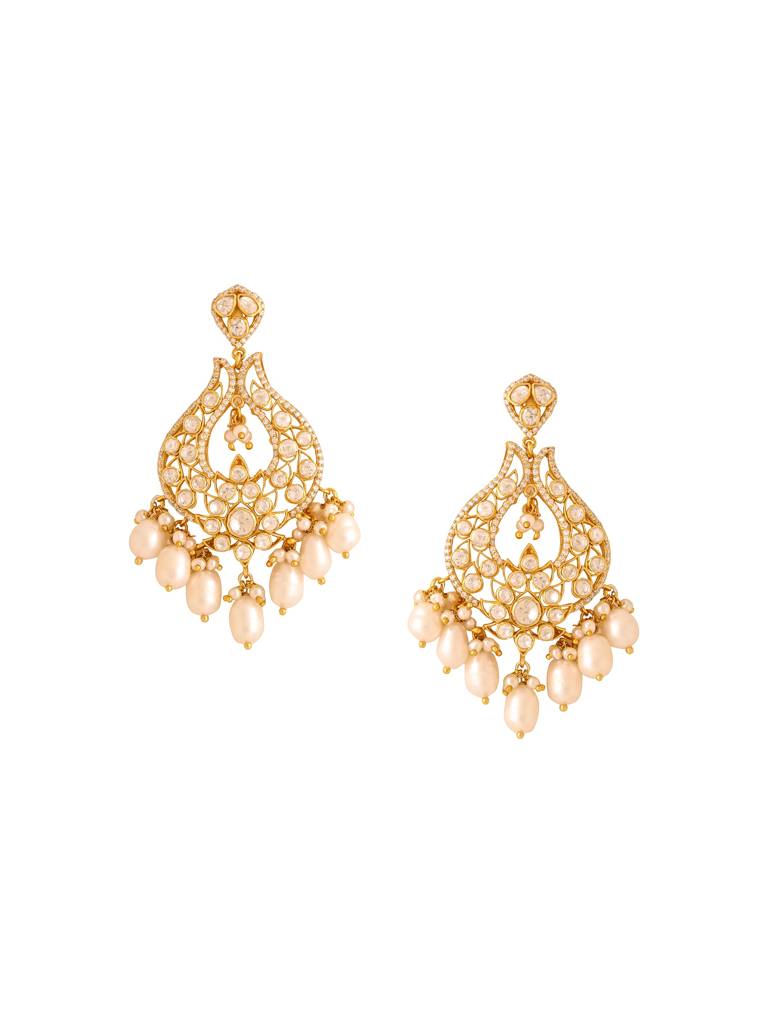 Kicky With Perky 925 Sterling Silver Gold Plated Moissanite Polki, Moissanite With Pearls Chandbali Earring Fo : SILCBE029