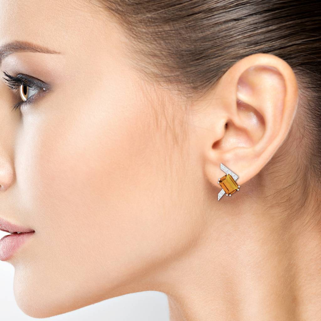 925 Sterling Silver Octagon Shape Citrine And Moissanite Stone Studded Earring Jewelry For Women : SILCOE007