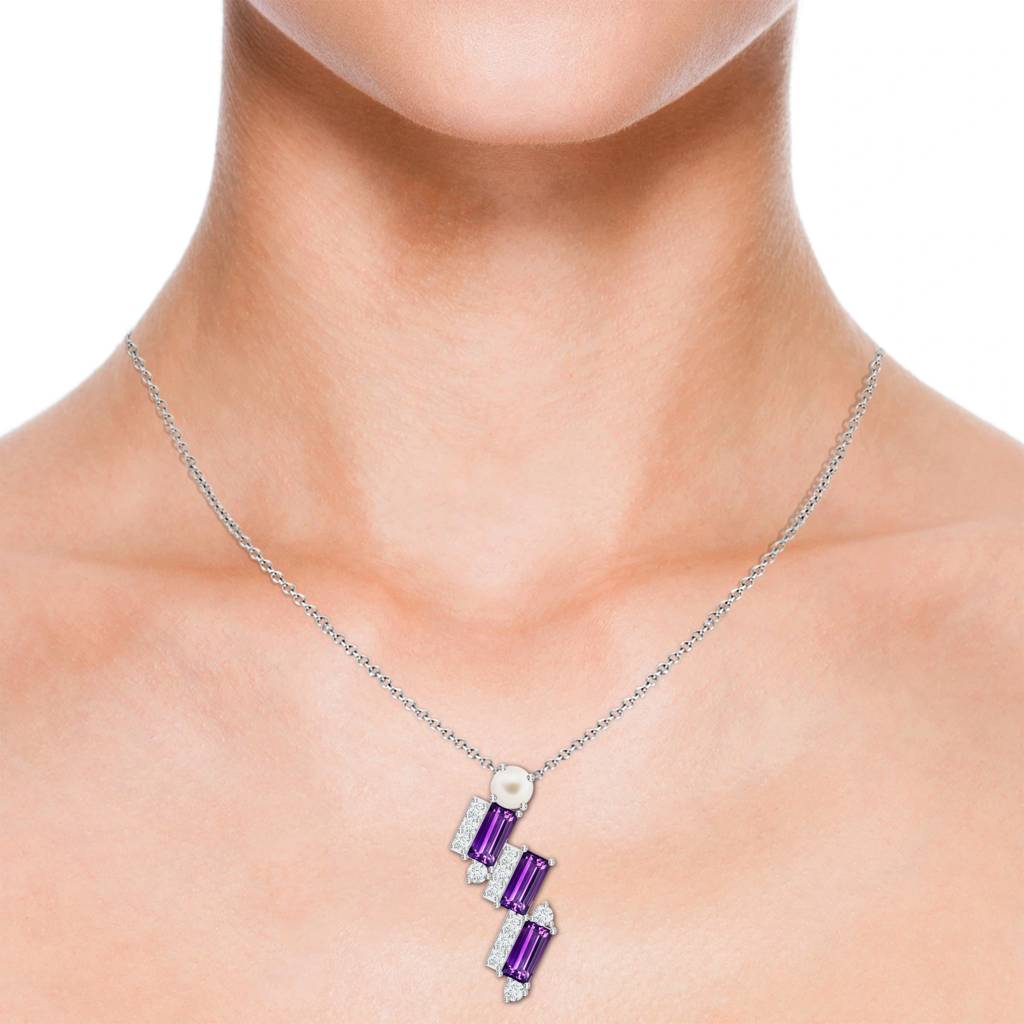 925 Sterling Silver Baguette Shape Amethyst, Moissanite Stone Studded Necklace Pendant Jewelry For Women : SILCOP017