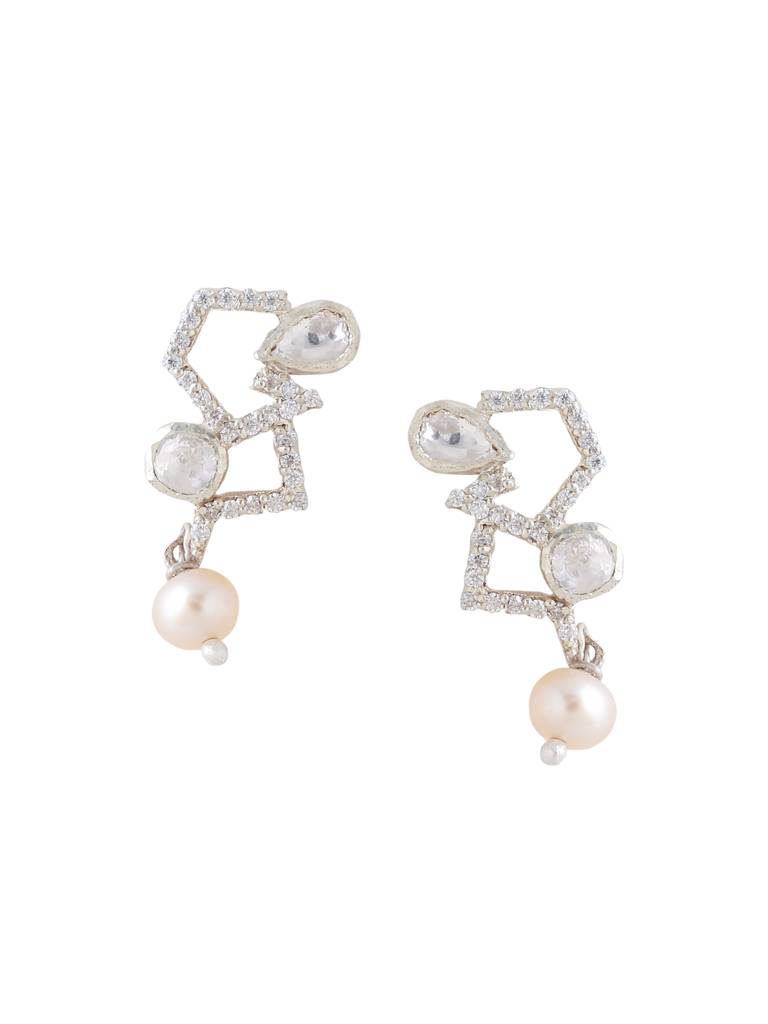 925 Sterling Silver Polki Moissanite Studded Dangled Pearl Earrings : SILDWE003