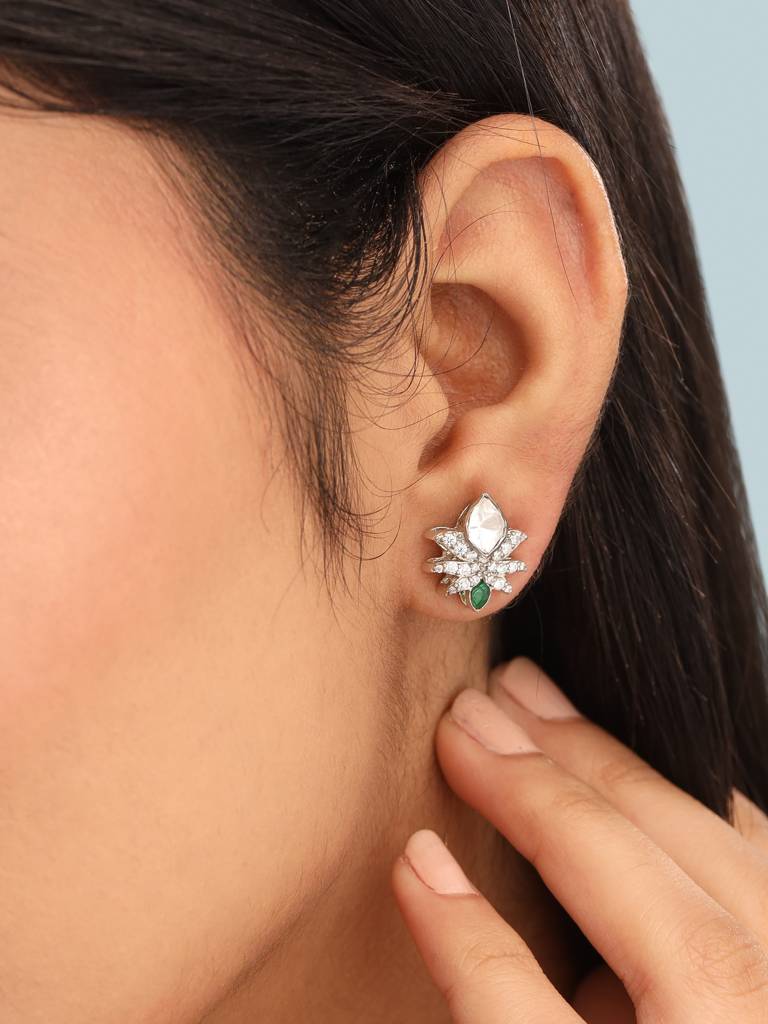 925 Sterling Silver Polki Moissanite Studded Stud Earrings : SILDWE012